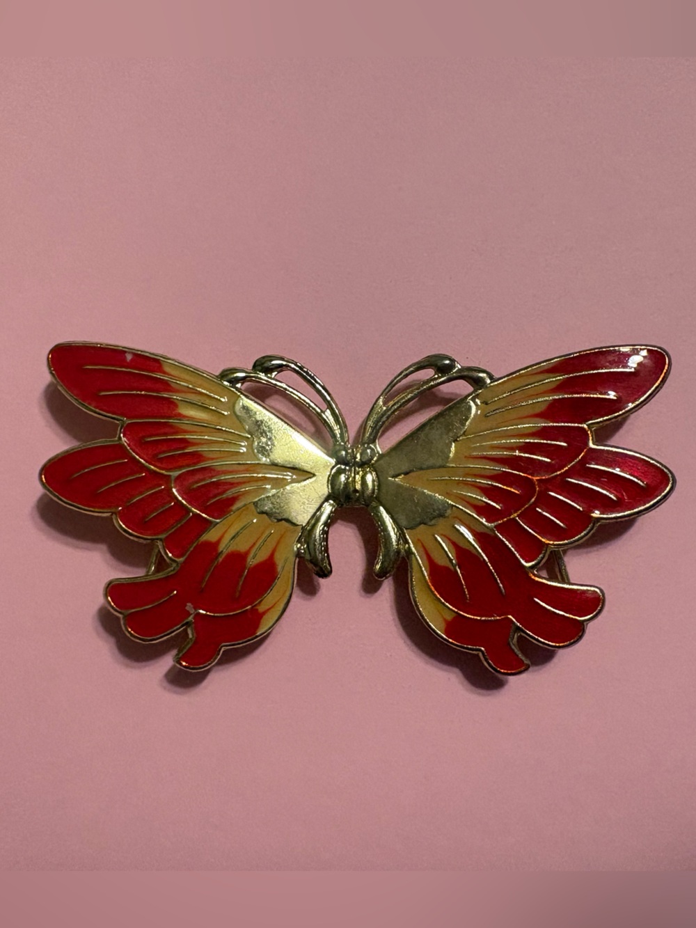Vintage 1980s Metal and Enamel Red and Yellow Gold Tone Butterfly Belt Buckle